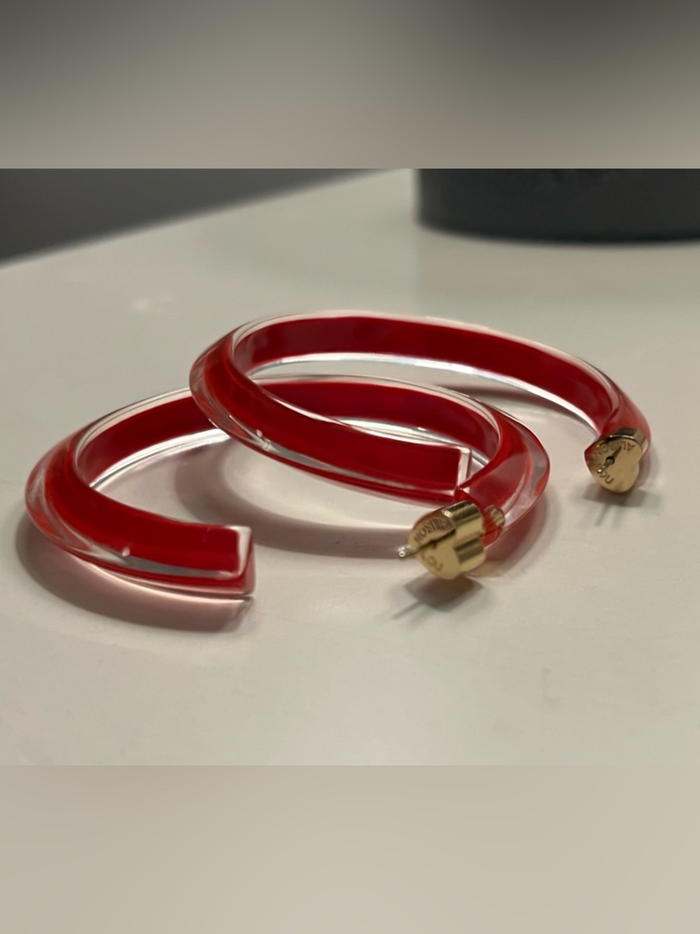 Alison Lou Loucite Red Lucite Acrylic Hoop Earrings with Gold Accents